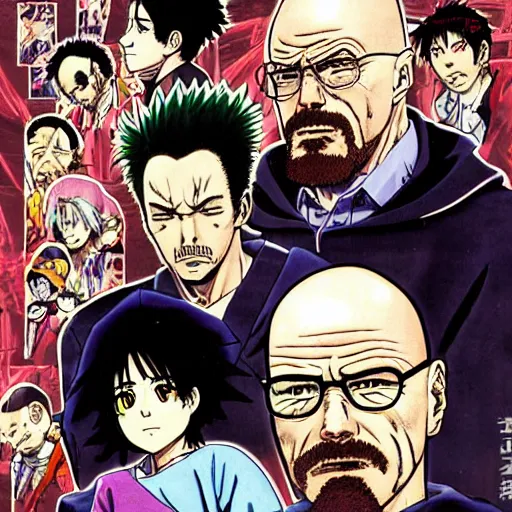 Image similar to Breaking Bad, manga cover illustration by Hirohiko Araki, Takeuchi Takashi, Pochi Iida, Masashi Kishimoto, Junichi Oda, Jojo, Shonen Jump, detailed HD, trending on mangakalot