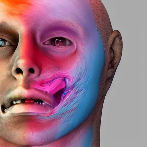 Prompt: insides of an opened human head turn into a huge coloured power explosion, hyperrealistic medical photo, anatomically correct, realistic textures + section model, 8 k,