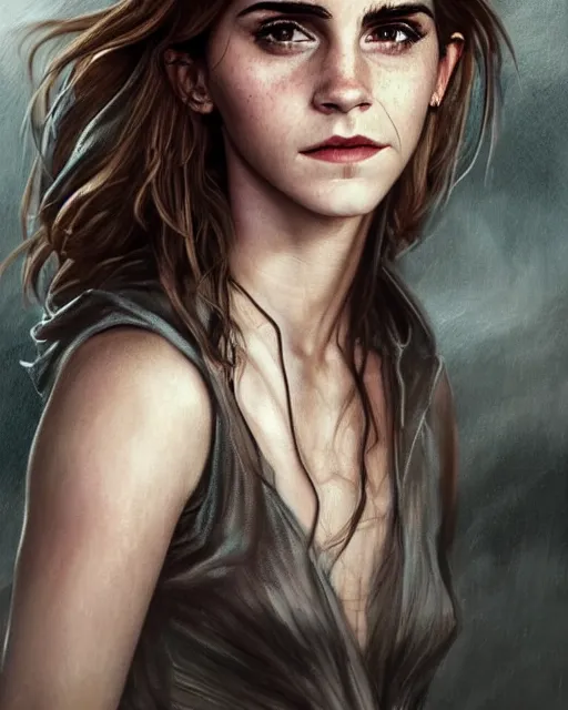 Image similar to clear portrait of emma watson, somber appearance, ripped clothing, looking her shoulder, wearing the one ring of sauron, background hyper detailed, character concept, full body, dynamic pose, intricate, elegant, highly detailed, digital painting, artstation, concept art, smooth, sharp focus, illustration, art by artgerm and greg rutkowski and alphonse mucha