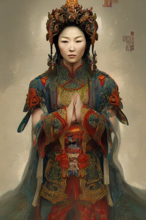 Image similar to chinese god, portrait, powerfull, intricate, elegant, volumetric lighting, scenery, digital painting, highly detailed, artstation, sharp focus, illustration, concept art, ruan jia, steve mccurry