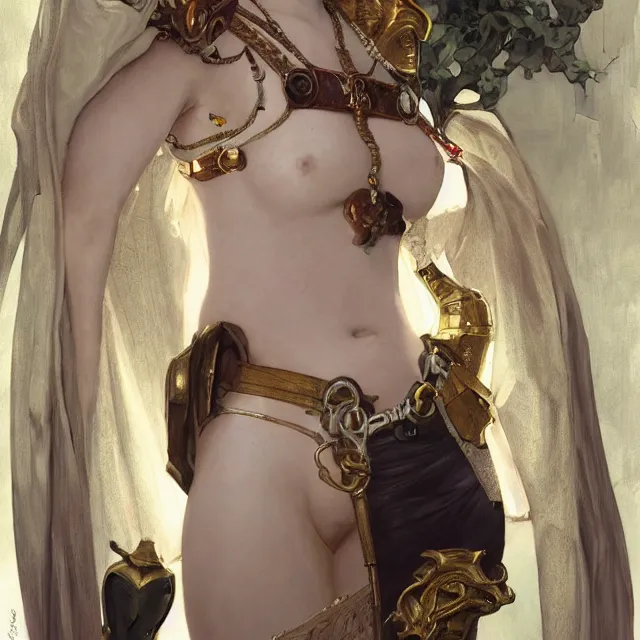 Image similar to sadie sink domme mistress, full body, dominatrix, tribal, smooth white tight clothes suit, ornate, very beautiful, concept art, realistic painting, androgynous, afrofuturism, daz 3 d, cinematic, cgsociety, digital art by greg rutkowski, by alphonse mucha