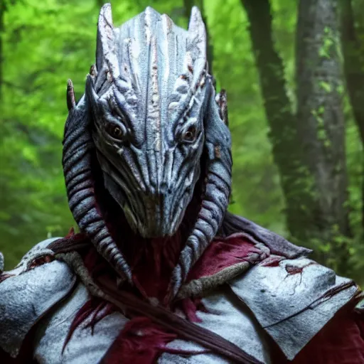 Prompt: High fantasy Yautja in the forests plains of north yorkshire, 4k, Predator Movie, dragon inspired armor