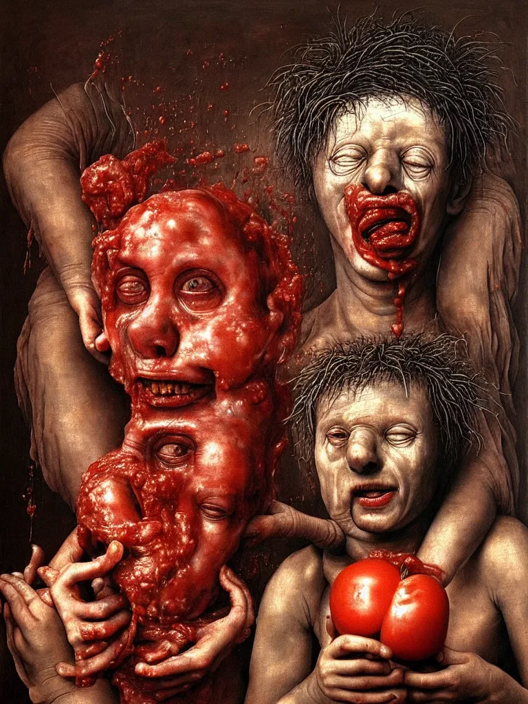 Image similar to a boy like eraserhead and elephant man sitting in a tub full of tomato sauce, looking straight into camera, screaming in desperation, by giuseppe arcimboldo and ambrosius benson, renaissance, fruit, intricate and intense oil paint, a touch of beksinski and hr giger and edward munch, realistic, rules of composition, headspace