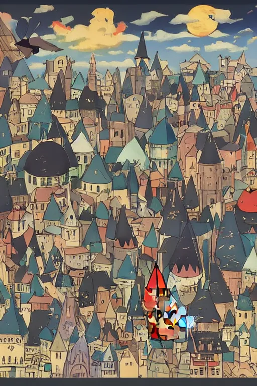 Prompt: Kiki's Delivery Service,A girl on a broomstick flying over the city sky,Medieval Cities ,geometric shapes, hard edges,by studio ghibli