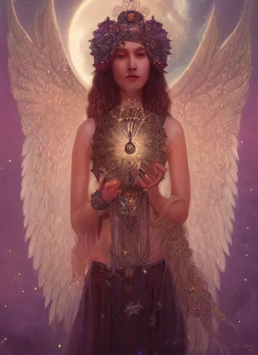 Image similar to A beautiful digital painting of a female Seraphim full of jewels, princess, the moon behind her, intricate, cinematic lighting, highly detailed, digital painting, Artstation, concept art, smooth, sharp focus, illustration, art by Tom Bagshaw, Artgerm and Greg Rutkowski