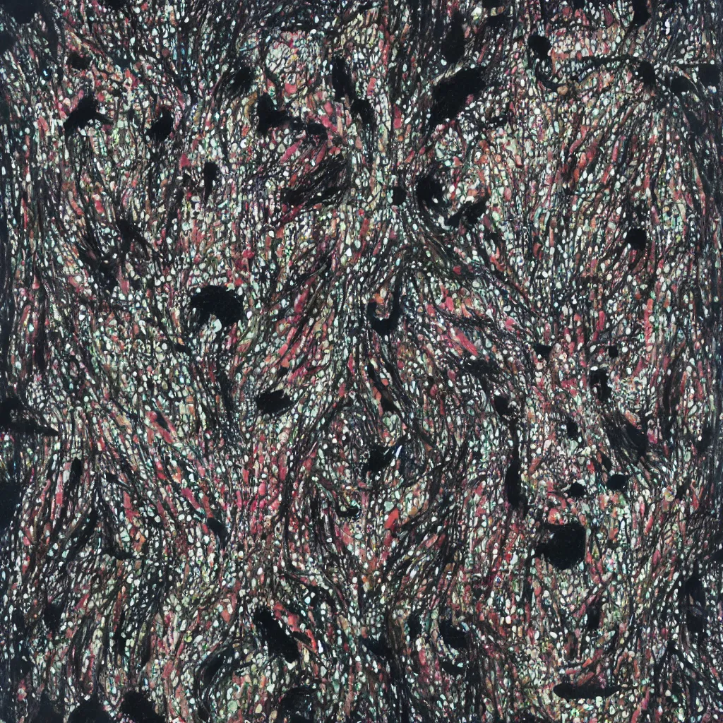 Image similar to camo made of teeth, smiling, abstract, francis bacon artwork, cryptic, dots, spots, stipple, lines, splotch, color tearing, pitch bending, faceless people, dark, ominous, eerie, hearts, minimal, points, technical, old painting, neon colors, folds