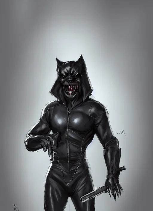 Image similar to concept art of a comic book character wearing a full body black spandex with white eyes, and drawn sharp teeth on the jaw. wearing a black leather jacket. holding a glock. hd. artstation. digital painting.