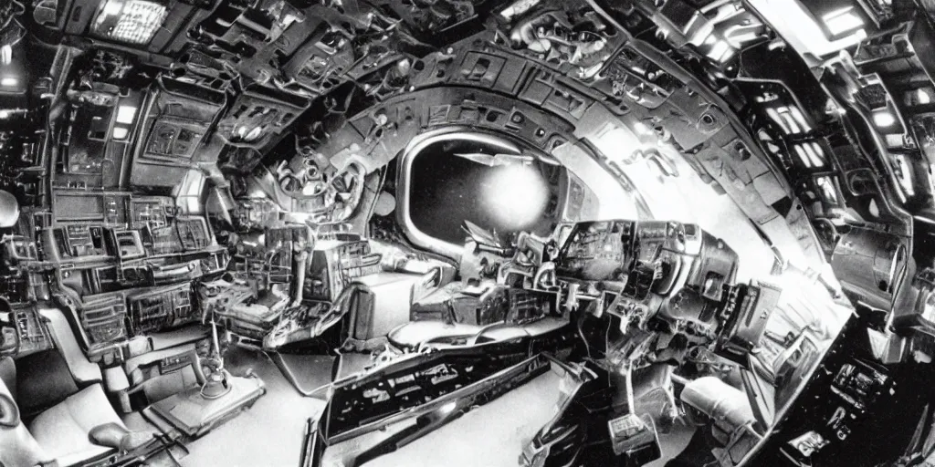 Prompt: astonishing sci - fi film still, 1 9 8 0 s dark science fiction, detailed cockpit view of a space ship freighter, old hardware, navigation instruments and a joystick controller, atmospheric