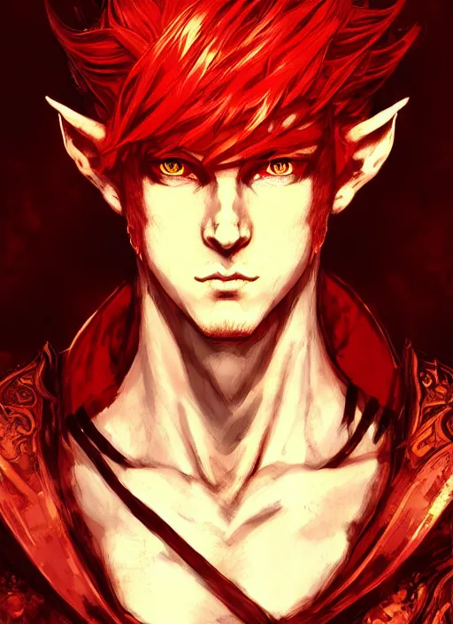 Image similar to Half body portrait of a handsome young red haired elven monk prince with dragon eyes, staff and red and golden ornate dragon robe. In style of Yoji Shinkawa and Hyung-tae Kim, trending on ArtStation, dark fantasy, great composition, concept art, highly detailed.