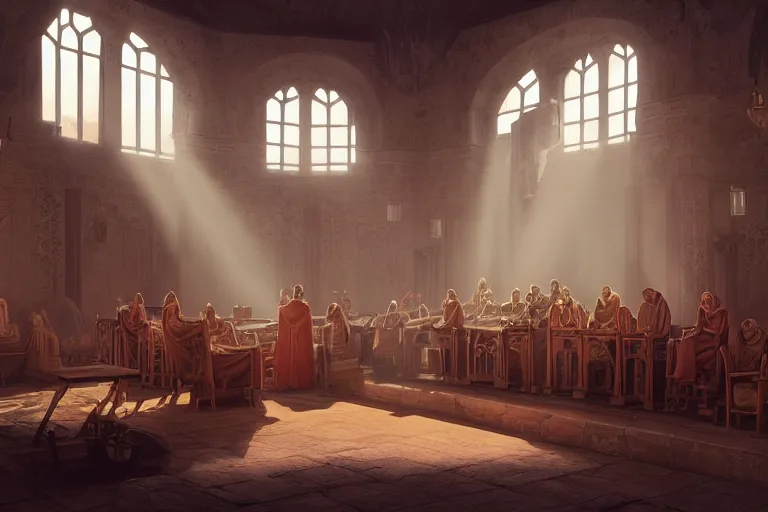 Image similar to cultist secret meeting taking place in an art deco townhall in a oriental medieval fantasy village. incredible voluminous indirect soft glow cinematic lighting, hyperdetailed features, movie still, intricate, octane render, unreal engine, crepuscular rays, god rays, by beeple and rhads and donato giancola