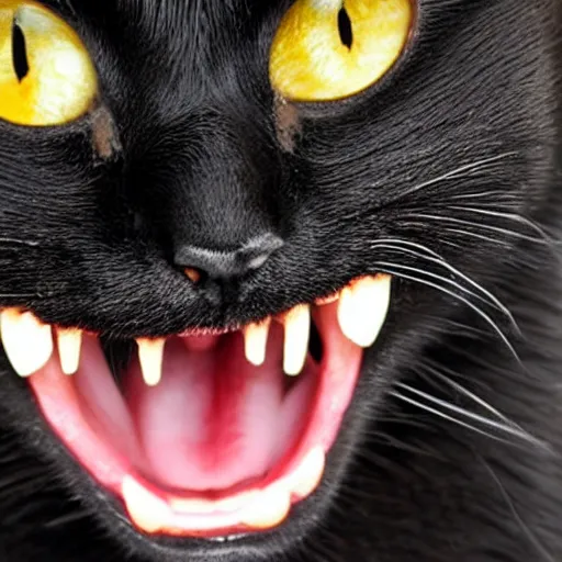Prompt: angry black cat mouth open