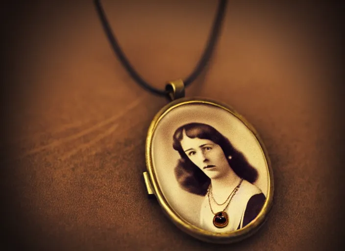 Image similar to old retro burnt out sepia photograph with scratches of a golden necklace with a hanging tiny slim open oval rusty golden locket pendant with a retro photo of an elegant and aesthetic woman royalty portrait. forest background with bokeh. Antique. High quality 8k. Intricate. Sony a7r iv 35mm. Award winning