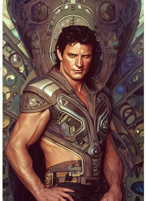 Prompt: Nathon Fillion as a ruggedly handsome space cowboy, intricate, elegant, highly detailed, centered, digital painting, artstation, concept art, smooth, sharp focus, illustration, art by artgerm and donato giancola and alphonse mucha