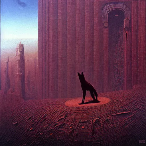 Image similar to a giant coyote stands over a city painting by beksinski, barlowe colors. masterpiece painting