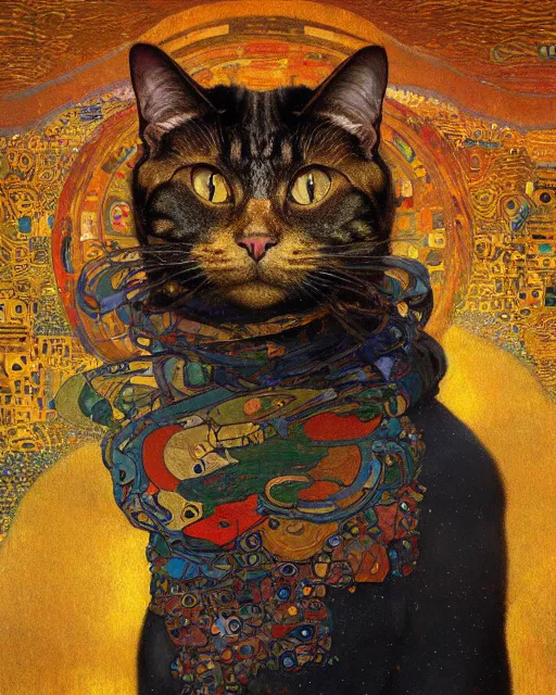 Image similar to adventurer cat portrait an oil painting splashes with many colors and shapes by gustav klimt greg rutkowski and alphonse mucha, polycount, generative art, psychedelic, fractalism, glitch art