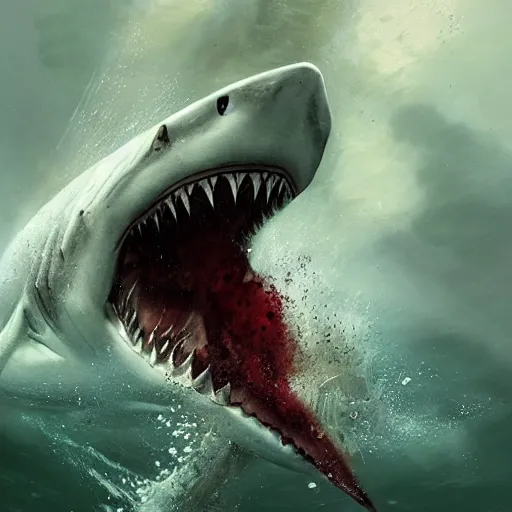 Prompt: a shark underwater with bloody mouth by greg rutkowski