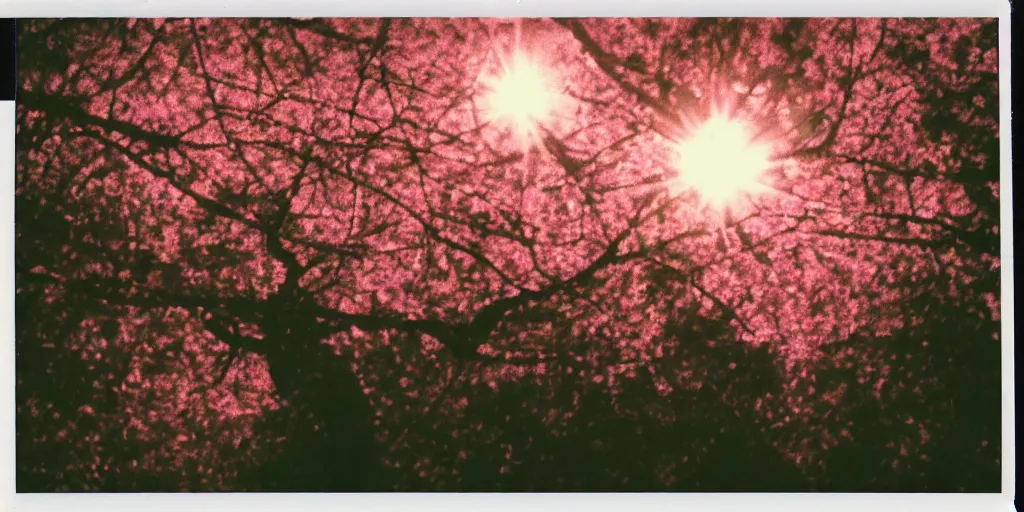Prompt: analog polaroid of cherry tree, dark pink cherries, sunlight, lens flare