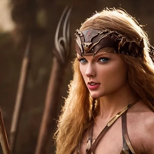 Prompt: a film still of conan the barbarian remake 2023 staring taylor swift as conan 4k