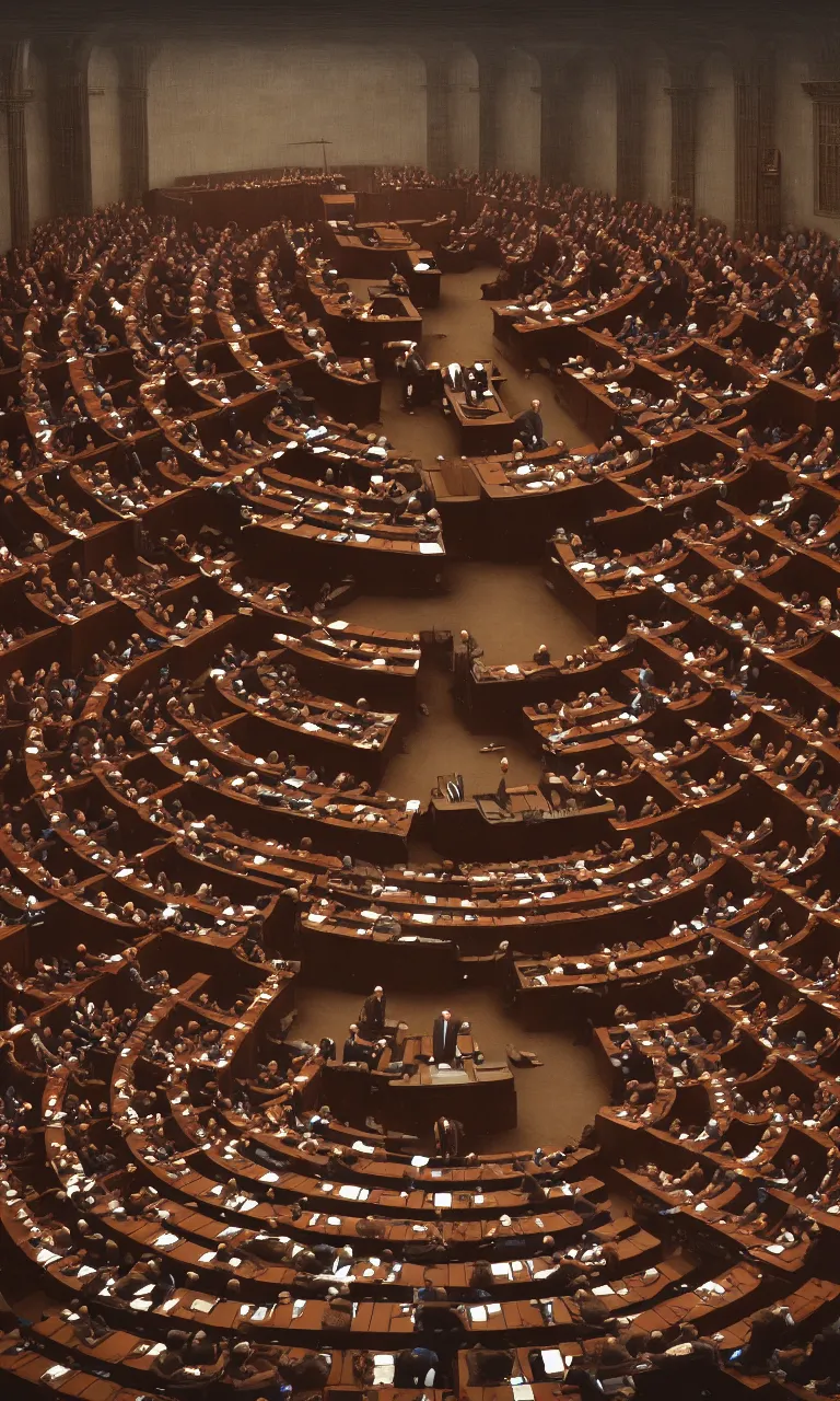 Prompt: men of the Parliament held an extraordinary plenary session and reached discussions and citizen-led debates,, symmetry, center frame, center, composition, beautiful illustration, cinematic colors, style of edward robert hughes + zdzislaw beksinski, octane render, detailed, detail, concept art, artstation