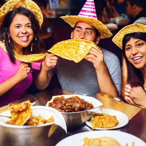 Image similar to A group of angels wearing birthday hats eating tacos de birria at a Mexican restaurant