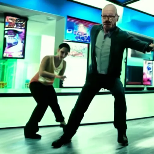 Prompt: movie still of walter white playing dance dance revolution 8k