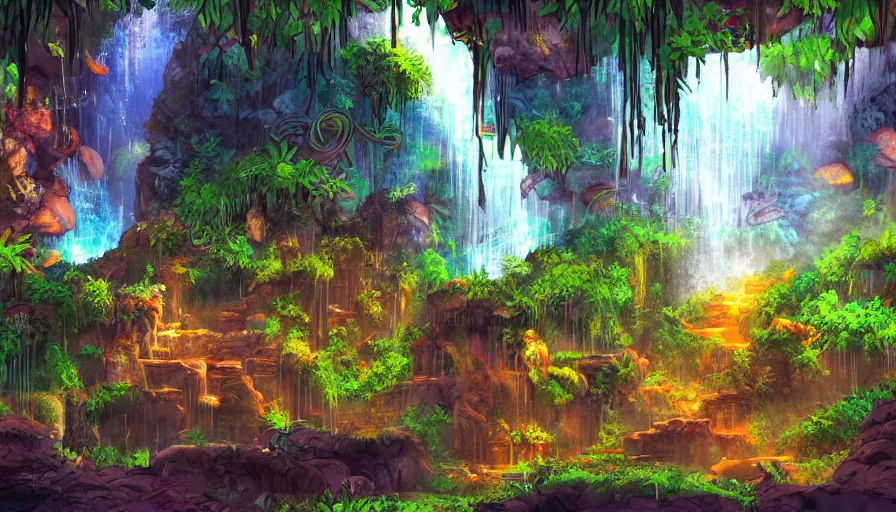 Prompt: concept art of underground jungle cave with waterfalls, luminescent plants, colorful, high detailed