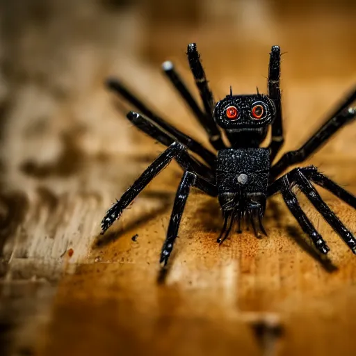 Image similar to small Robot spider wielding a big chainsaw, 40nm lens, wide angle, shallow depth of field, 4k,