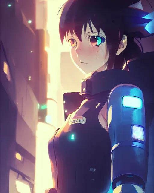 Image similar to portrait of anime girl in mechanic armor in night tokyo by makoto sinkai, my hero academia,cyberpunk, greg rutkowski, perfect face, fine details