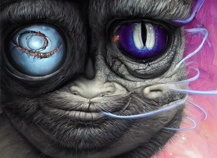 Image similar to dream portrait of Cheshire Cat from Alice in Wonderland,full character, melting ,8k,by tristan eaton,Stanley Artgermm,Tom Bagshaw,Greg Rutkowski,Carne Griffiths, Ayami Kojima, Beksinski, Giger,trending on DeviantArt,face enhance,hyper detailed,minimalist,cybernetic, android, blade runner,full of colour