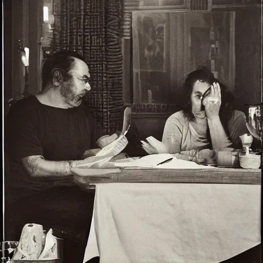 Prompt: lalo salamanca sitting at the table and reading newspapers, portrait, black and white, photograph, ultra realistic, grainy, highly detailed, Diane Arbus