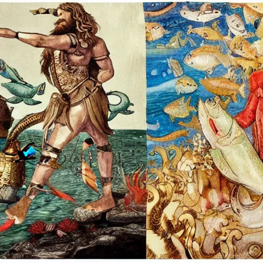 Image similar to The collage shows a mythological scene. A large, bearded man is shown seated on a throne, surrounded by sea creatures. He has a trident in one hand and a shield in the other. Behind him is a large fish, and in front of him are two smaller creatures. lofi, cave painting by Beatrix Potter, by Henry Justice Ford geometric