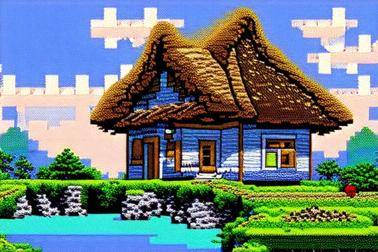 Image similar to view of a cottage above an azure lake, beautiful detailed pixelart by albertov, intricate details, beautiful, dithered gradients, volumetric lighting, cgsociety, artstation, 2 d