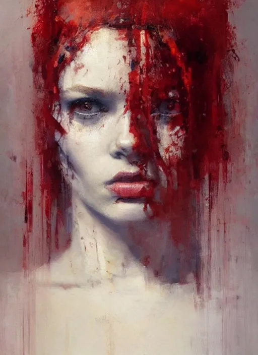 Image similar to portrait painting of beautiful red head ancient irish priestess, by jeremy mann, only one head single portrait