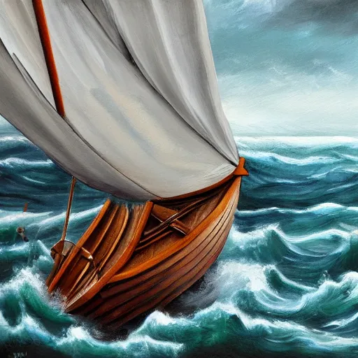 Prompt: wooden boat with sails in stormy sea with dart weider, oil painting, 4 k