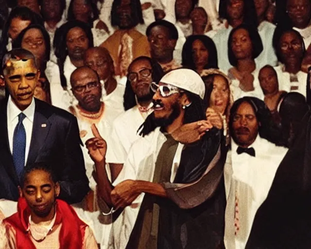 Prompt: obama the snoop dogg pinmp. casting a holy spell on a believer. seance at a megachurch. 1970's blaxpoitation scene