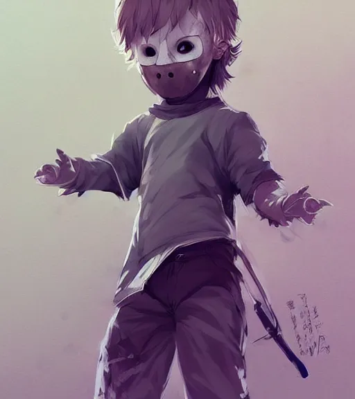 Image similar to beautiful little boy anime character inspired by jason voorhees and frankstein, art by rossdraws, wlop, ilya kuvshinov, artgem lau, sakimichan and makoto shinkai, concept art, anatomically correct, extremely coherent, realistic, mask, smooth hd