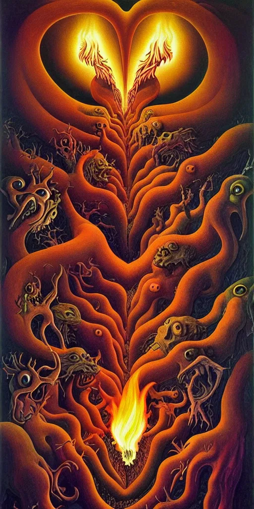 Image similar to mythical creatures and monsters in the visceral anatomical human heart imaginal realm of the collective unconscious, in a dark surreal painting by johfra, mc escher and ronny khalil, dramatic lighting fire glow