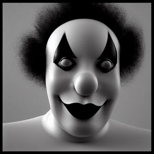 Prompt: a monochrome clown, 3d model, octane, realistic lighting, dynamic reflections