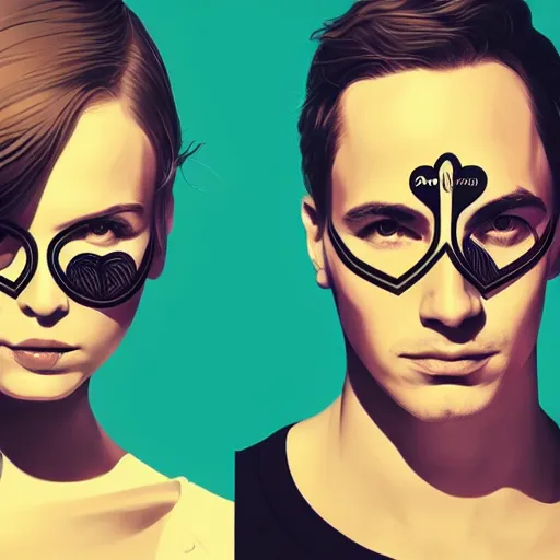 Image similar to perfectly centered geometrical symmetrical split male and female portrait of man and woman in love sharing one heart. illustration, highly detailed, simple, no jagged lines, smooth, artstation, artwork by obey, artwork by sandra chevrier