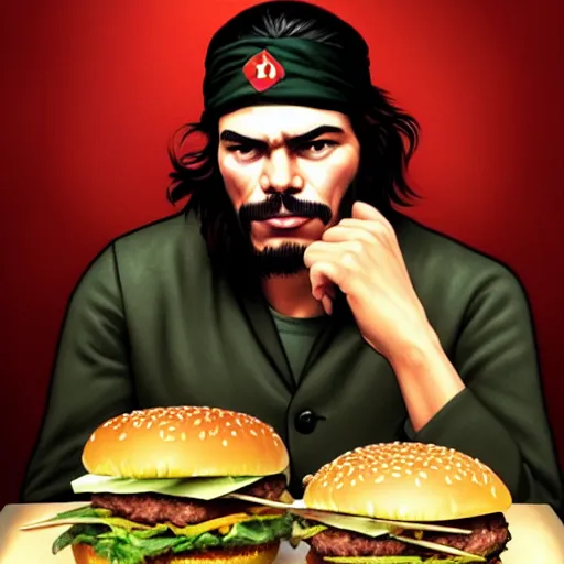 Image similar to portrait of che guevara eating hamburgers, extra onions and ketchup, luscious patty with sesame seeds, feminine ethereal, handsome, d & d, fantasy, intricate, elegant, highly detailed, digital painting, artstation, concept art, matte, sharp focus, illustration, art by artgerm and greg rutkowski and alphonse mucha