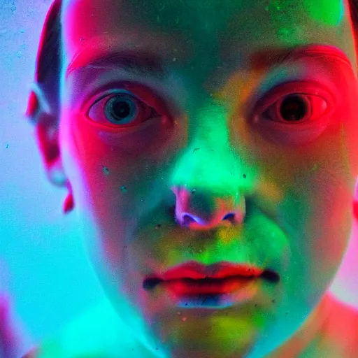 Image similar to underwater photo of a human-face fish with neon colors.