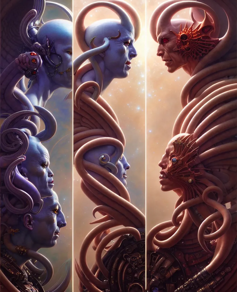 Image similar to beautiful gemini good and evil fantasy character portrait, ultra realistic, wide angle, intricate details, the fifth element artifacts, highly detailed by peter mohrbacher, hajime sorayama, wayne barlowe, boris vallejo, aaron horkey, gaston bussiere, craig mullins