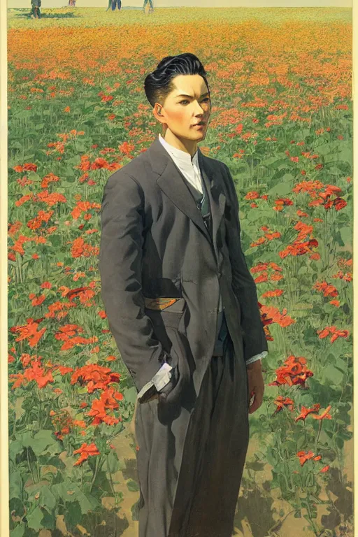 Image similar to attractive man in flower field, painting by j. c. leyendecker, yoji shinkawa, katayama bokuyo