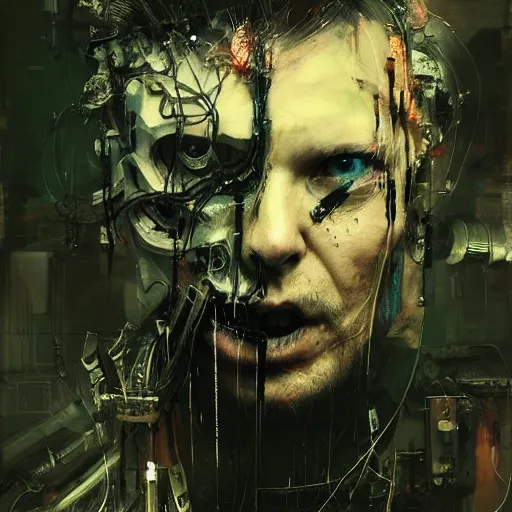 Image similar to cybernetic dream hunter, cyberpunk, wires, skulls, machines by emil melmoth zdzislaw belsinki craig mullins yoji shinkawa realistic render ominous detailed photo atmospheric by jeremy mann francis bacon and agnes cecile ink drips paint smears digital glitches glitchart