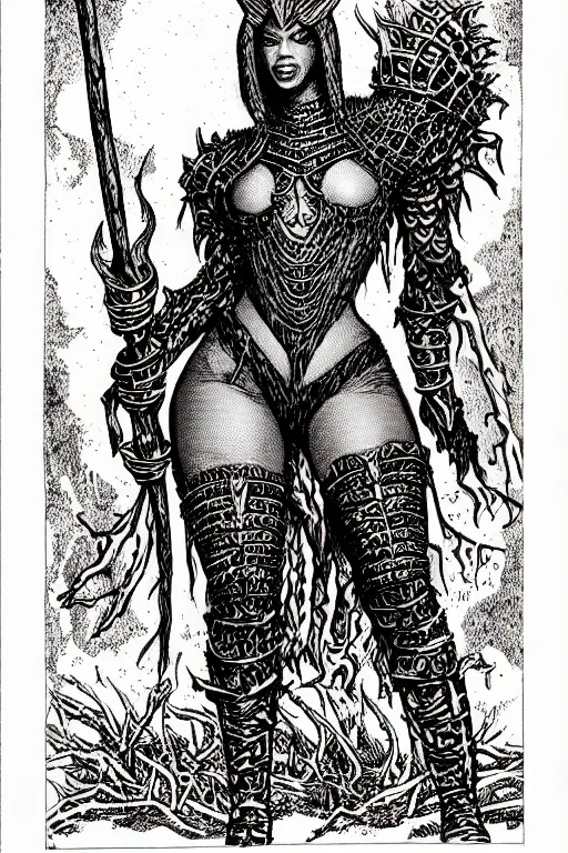 Image similar to beyonce as a d & d monster, full body, pen - and - ink illustration, etching, by russ nicholson, david a trampier, larry elmore, 1 9 8 1, hq scan, intricate details, inside stylized border