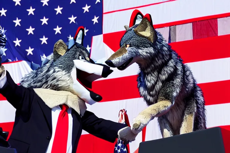 Image similar to photo of the usa presidential inauguration, a wolf fursuiter being inaugurated as president