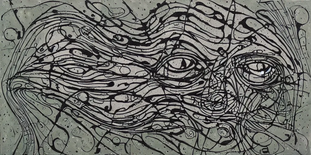 Image similar to camo of lines, technical, acrylic, teeth, eerie, tribal, clay, dots, lines, stipple, points, grid, cybernetic, old painting, swirly eyes, hypnosis