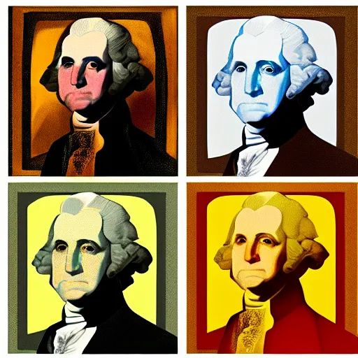 Prompt: george washington's portrait in the style of cubism and andy warhol, pop art, 4 panel, high definition, realistic surrealism