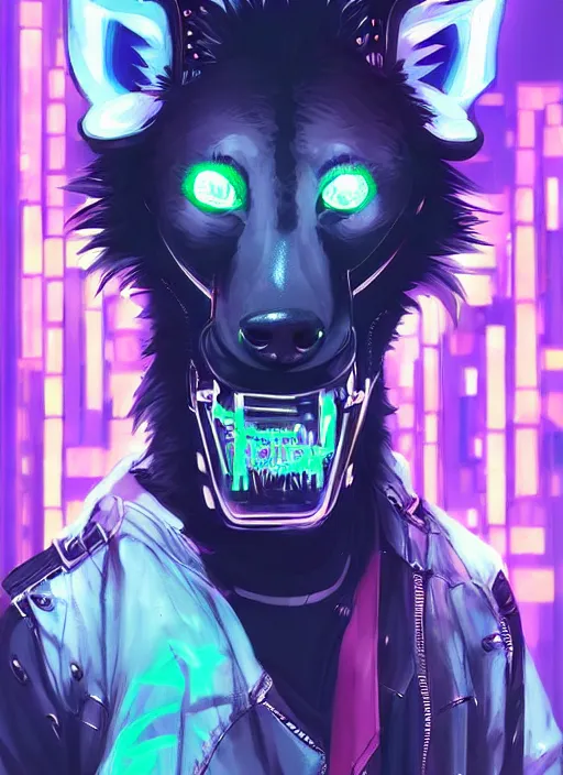 Image similar to beautiful portrait commission of a male furry anthro hyena fursona wearing cyberpunk skater clothes. Cyberpunk city at night in the rain. Neon light. Atmospheric. Character design by charlie bowater, ross tran, artgerm, and makoto shinkai, detailed, inked, western comic book art