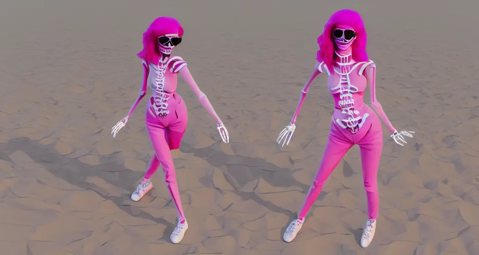 Prompt: fullbody vaporwave art of a fashionable skeleton girl with sunglasses at a beach, early 90s cg, 3d render, 80s outrun, low poly, from Hotline Miami
